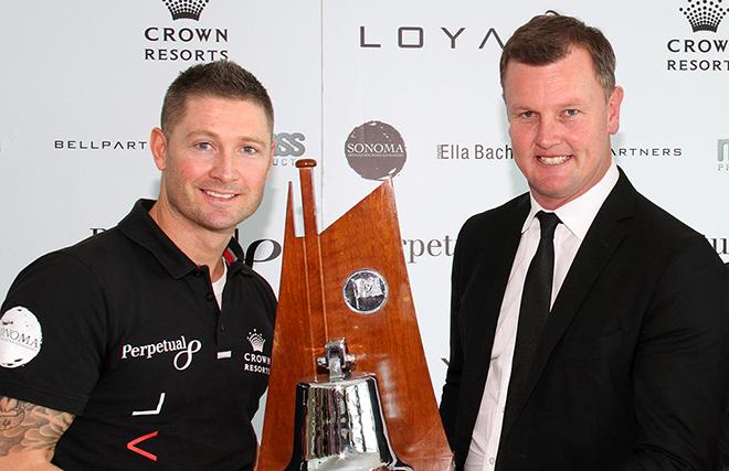 Michael Clarke and Anthony Bell with the Land Rover Sydney Gold Coast Yacht Race line honours trophy.  © Dale Lorimer